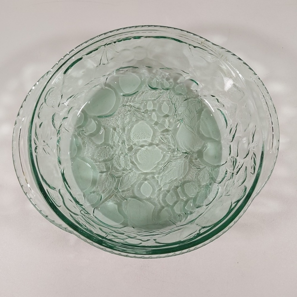 Vintage Libbey Orchard Fruit Round Casserole Dish‎ Clear Green Glass Oven Proof